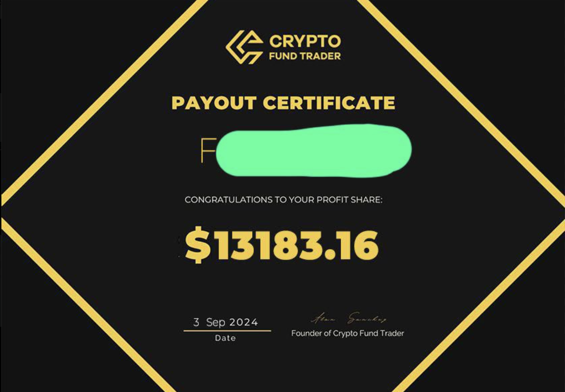 Crypto Fund Trader payout certificate for $13,183.16